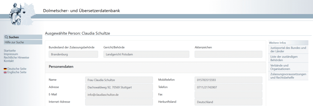 Justiz-Dolmetscher Eintrag Claudia Schultze
